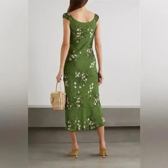 NEW, Reformation Demy Floral-Print Georgette Midi Dress in Green Sz M #MD1426 - Picture 9 of 10